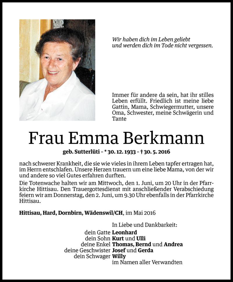  Todesanzeige für Emma Berkmann vom 31.05.2016 aus Vorarlberger Nachrichten