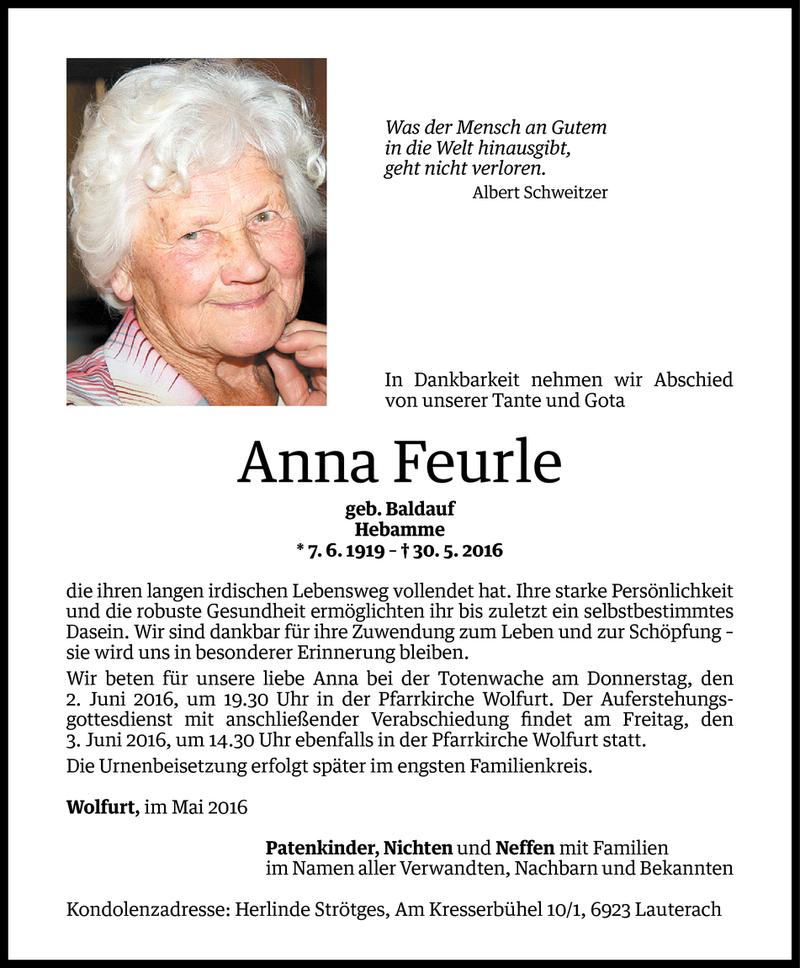  Todesanzeige für Anna Feurle vom 31.05.2016 aus Vorarlberger Nachrichten