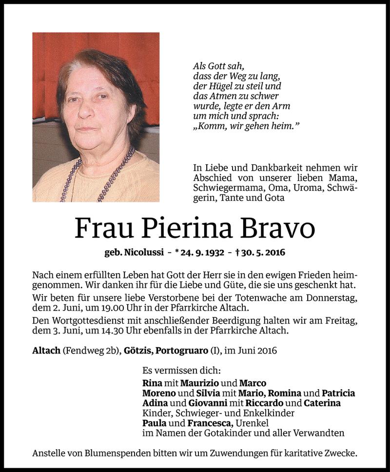  Todesanzeige für Pierina Bravo vom 01.06.2016 aus Vorarlberger Nachrichten