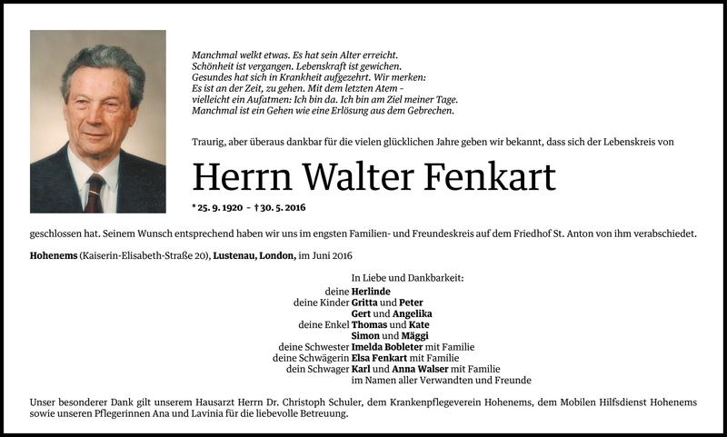  Todesanzeige für Walter Fenkart vom 04.06.2016 aus Vorarlberger Nachrichten