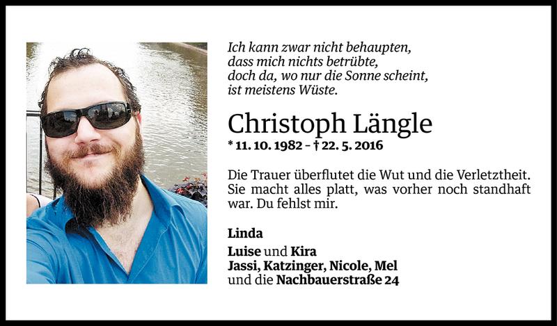  Todesanzeige für Christoph Längle vom 01.06.2016 aus Vorarlberger Nachrichten