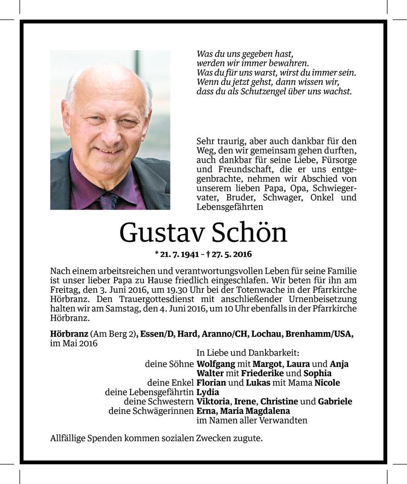  Todesanzeige für Gustav Schön vom 31.05.2016 aus Vorarlberger Nachrichten