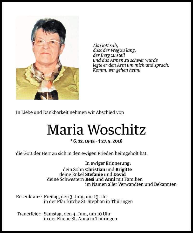  Todesanzeige für Maria Woschitz vom 01.06.2016 aus Vorarlberger Nachrichten
