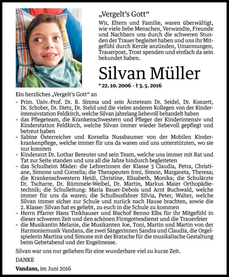  Todesanzeige für Silvan Müller vom 02.06.2016 aus Vorarlberger Nachrichten