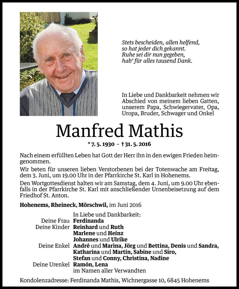  Todesanzeige für Manfred Mathis vom 02.06.2016 aus Vorarlberger Nachrichten