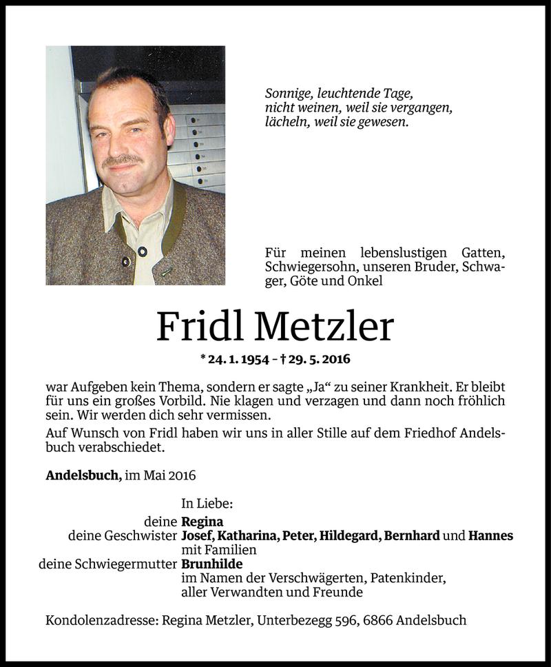  Todesanzeige für Fridl Metzler vom 02.06.2016 aus Vorarlberger Nachrichten