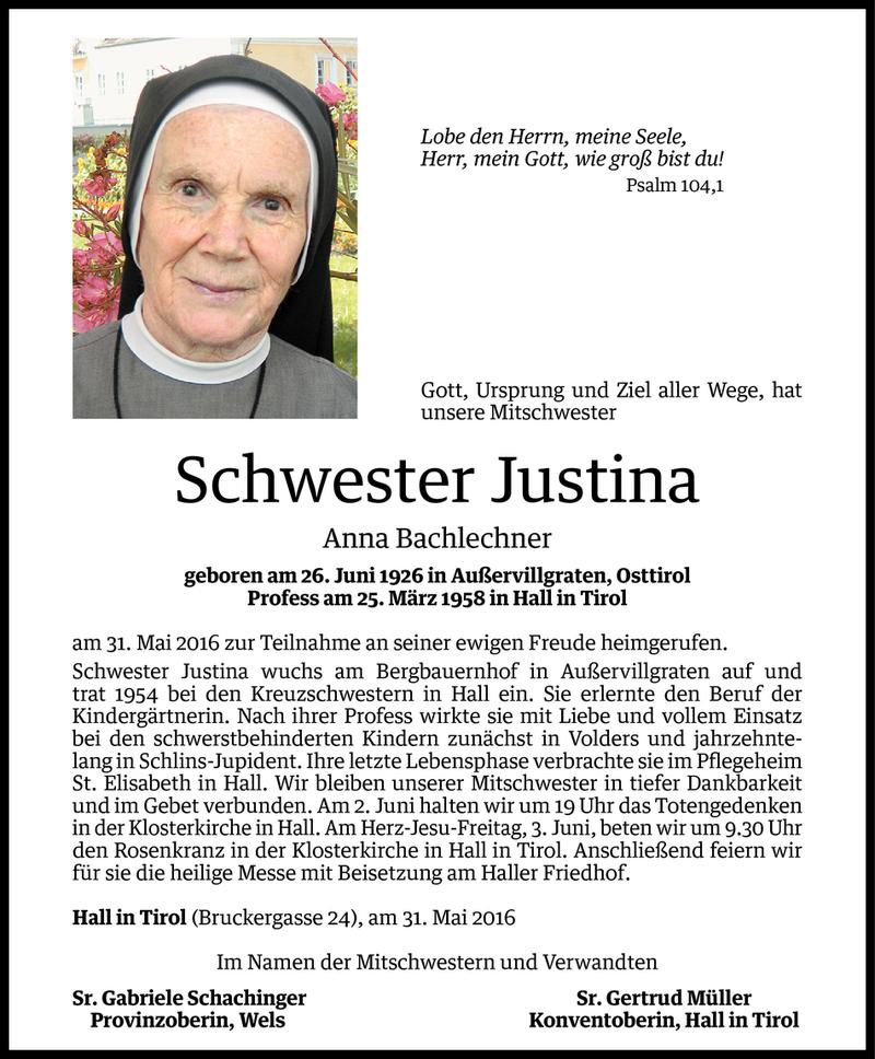  Todesanzeige für Anna Bachlechner Sr. Justina vom 01.06.2016 aus Vorarlberger Nachrichten