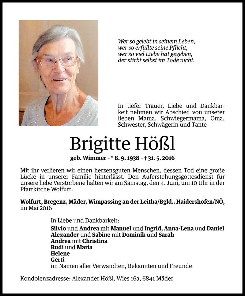  Todesanzeige für Brigitte Hößl vom 01.06.2016 aus Vorarlberger Nachrichten