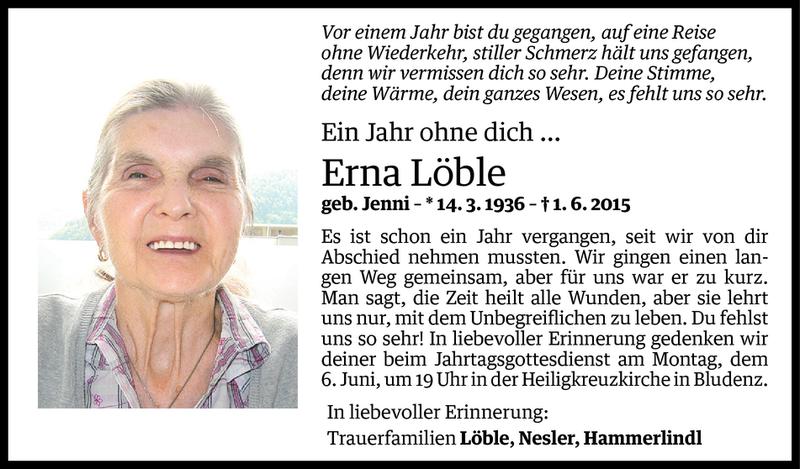  Todesanzeige für Erna Löble vom 03.06.2016 aus Vorarlberger Nachrichten