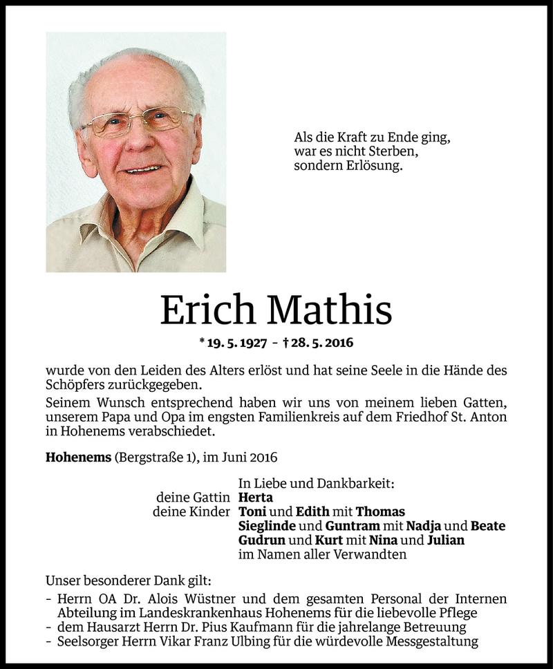  Todesanzeige für Erich Mathis vom 04.06.2016 aus Vorarlberger Nachrichten