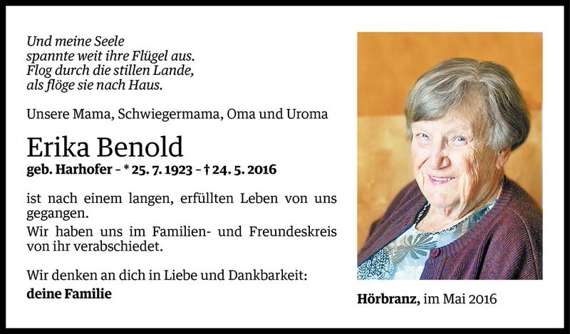  Todesanzeige für Erika Benold vom 04.06.2016 aus Vorarlberger Nachrichten