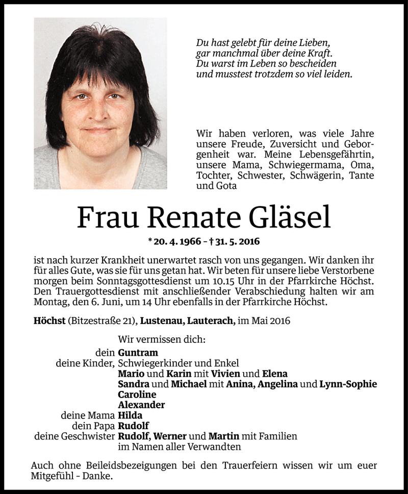  Todesanzeige für Renate Gläsel vom 03.06.2016 aus Vorarlberger Nachrichten