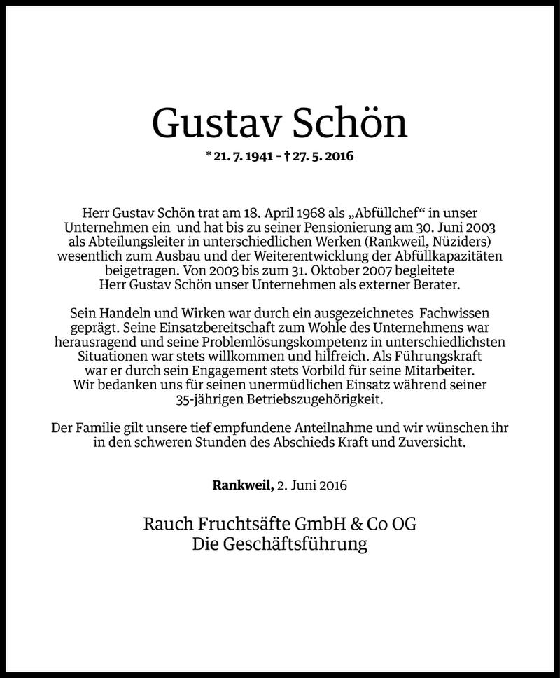  Todesanzeige für Gustav Schön vom 03.06.2016 aus Vorarlberger Nachrichten