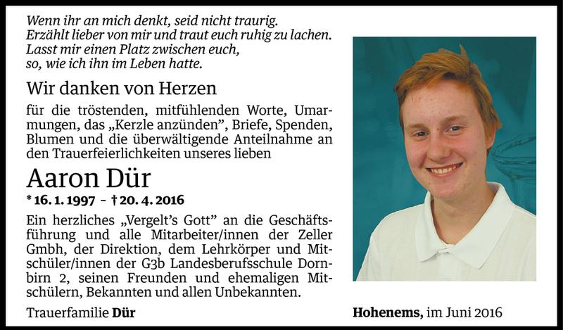  Todesanzeige für Aaron Dür vom 04.06.2016 aus Vorarlberger Nachrichten