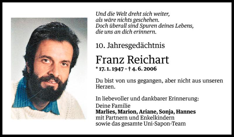  Todesanzeige für Franz Reichart vom 03.06.2016 aus Vorarlberger Nachrichten