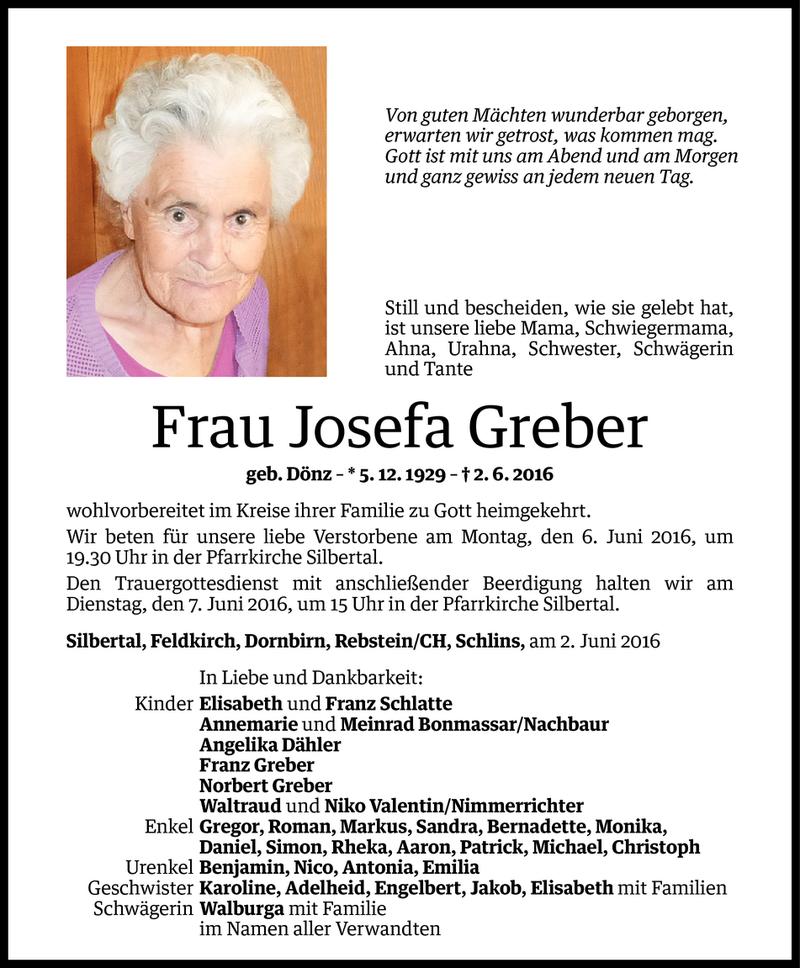  Todesanzeige für Josefa Greber vom 03.06.2016 aus Vorarlberger Nachrichten