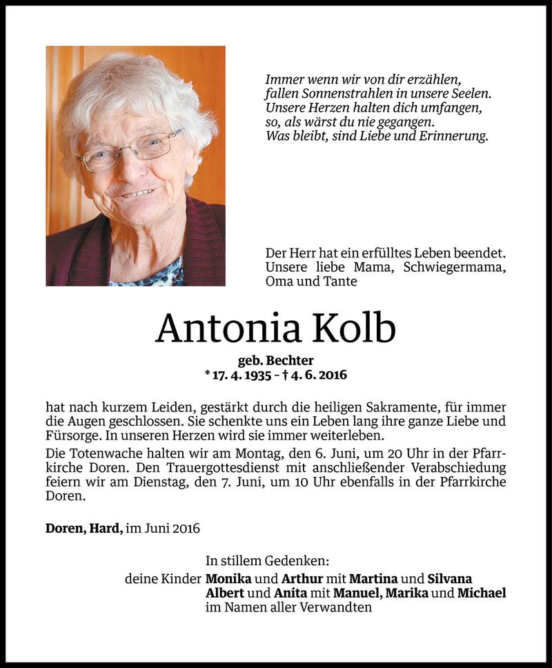  Todesanzeige für Antonia Kolb vom 05.06.2016 aus Vorarlberger Nachrichten