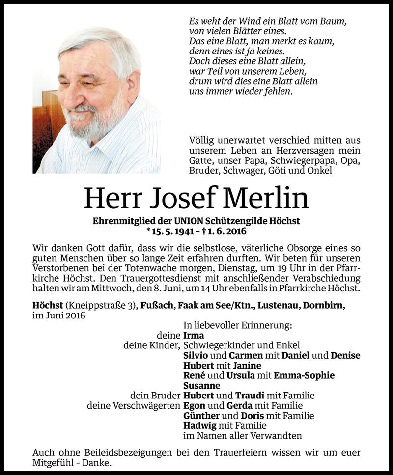  Todesanzeige für Josef Merlin vom 05.06.2016 aus Vorarlberger Nachrichten