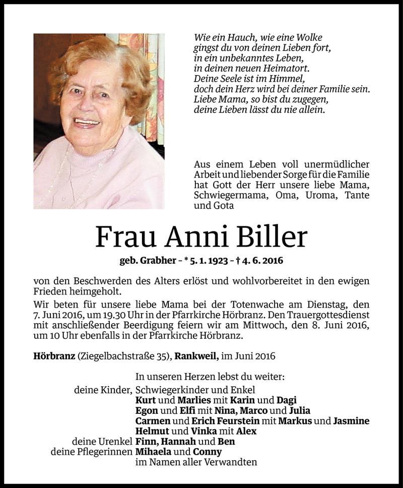  Todesanzeige für Anni Biller vom 05.06.2016 aus Vorarlberger Nachrichten