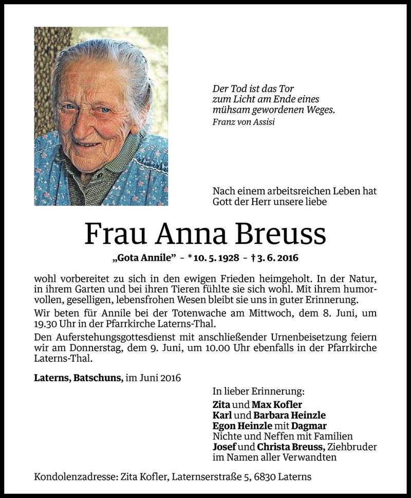  Todesanzeige für Anna Breuss vom 07.06.2016 aus Vorarlberger Nachrichten