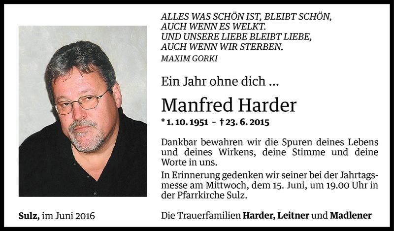  Todesanzeige für Manfred Harder vom 13.06.2016 aus Vorarlberger Nachrichten