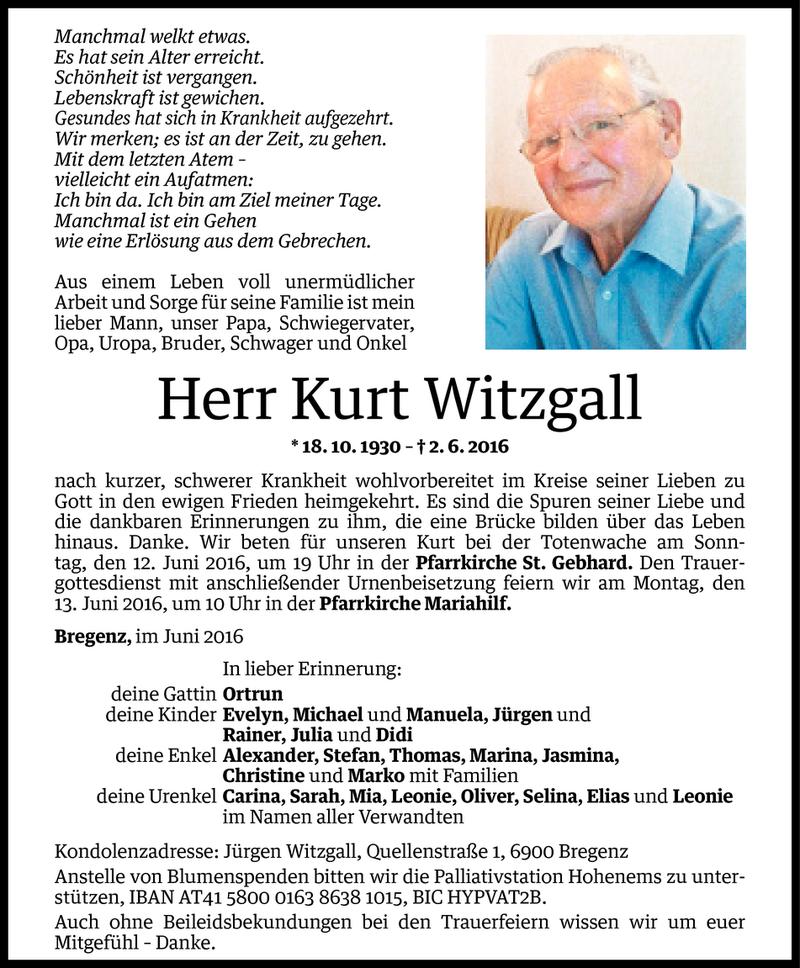  Todesanzeige für Kurt Witzgall vom 08.06.2016 aus Vorarlberger Nachrichten