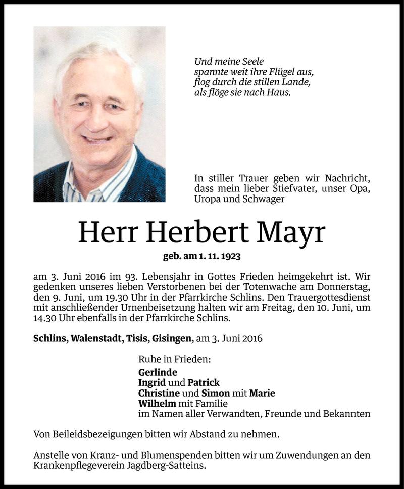  Todesanzeige für Herbert Mayr vom 07.06.2016 aus Vorarlberger Nachrichten