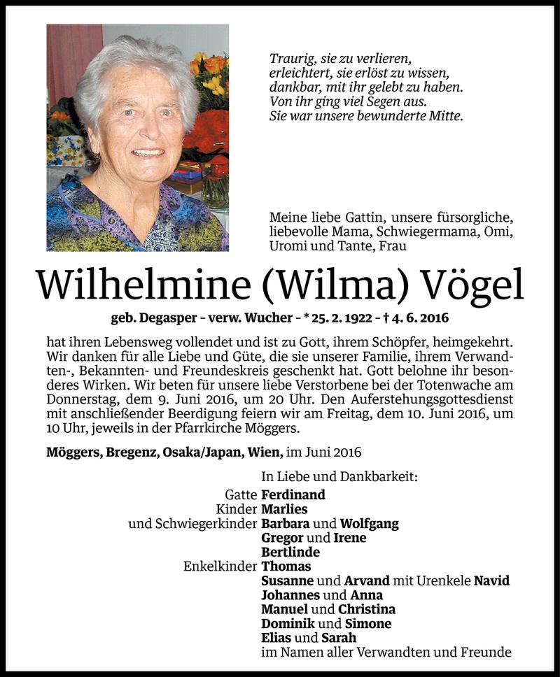  Todesanzeige für Wilhelmine Vögel vom 07.06.2016 aus Vorarlberger Nachrichten