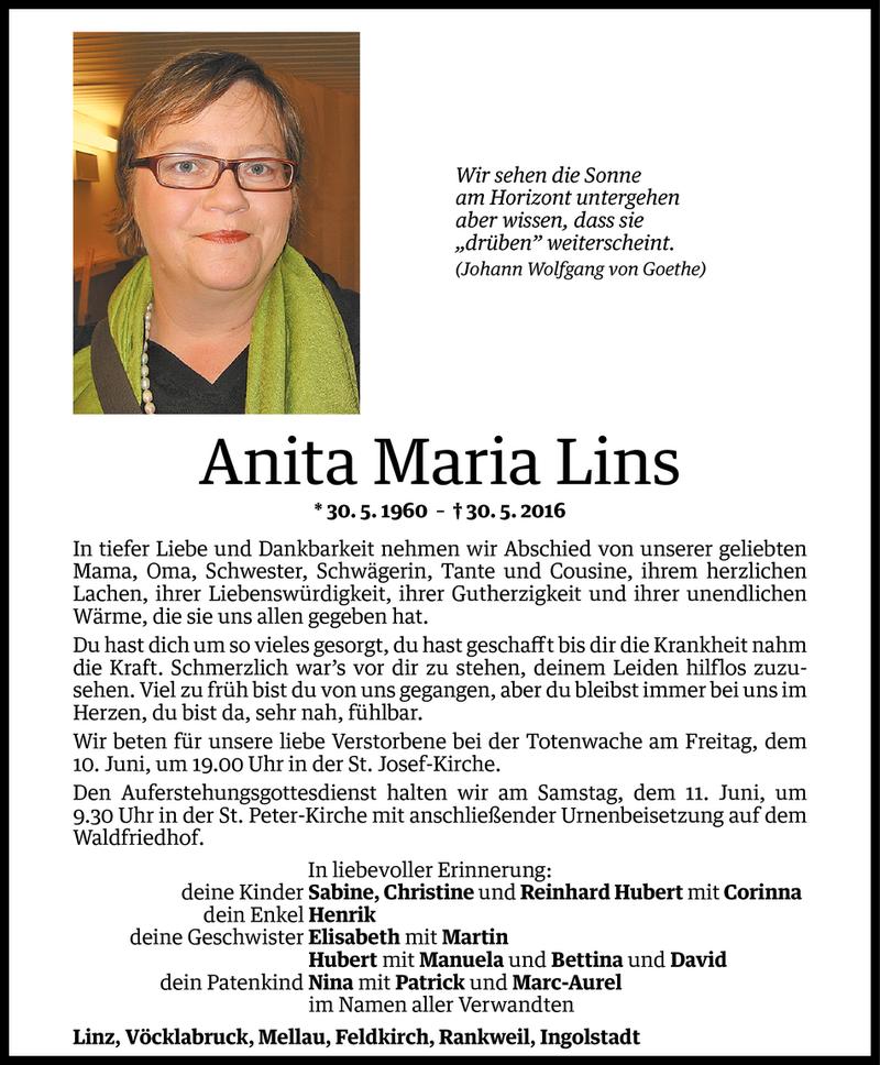  Todesanzeige für Anita Maria Lins vom 08.06.2016 aus Vorarlberger Nachrichten