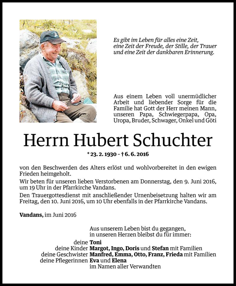  Todesanzeige für Hubert Schuchter vom 07.06.2016 aus Vorarlberger Nachrichten