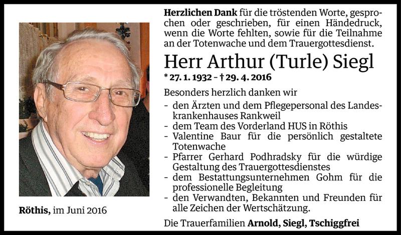  Todesanzeige für Arthur Siegl vom 09.06.2016 aus Vorarlberger Nachrichten