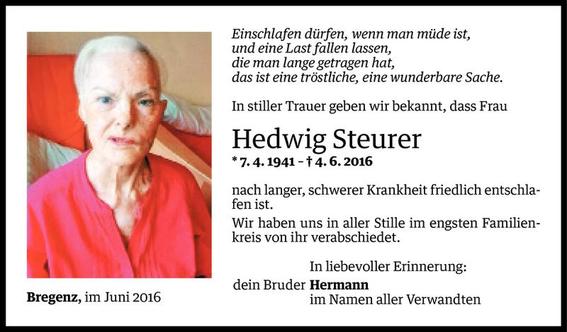 Todesanzeige für Hedwig Steurer vom 09.06.2016 aus Vorarlberger Nachrichten