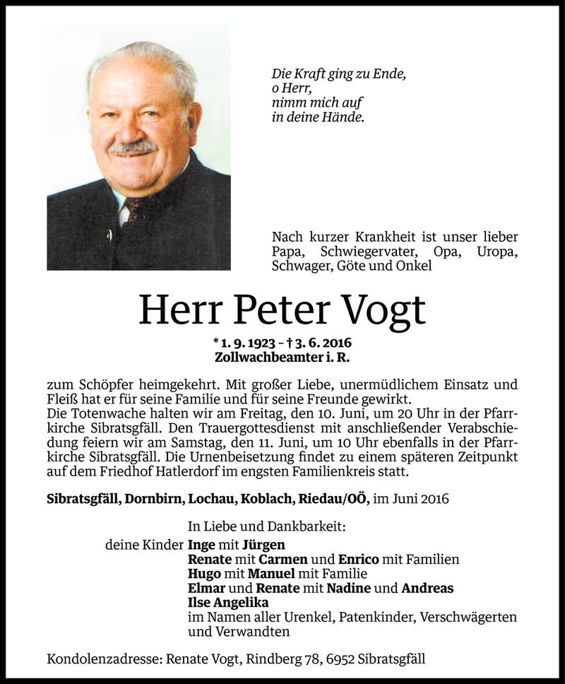  Todesanzeige für Peter Vogt vom 08.06.2016 aus Vorarlberger Nachrichten