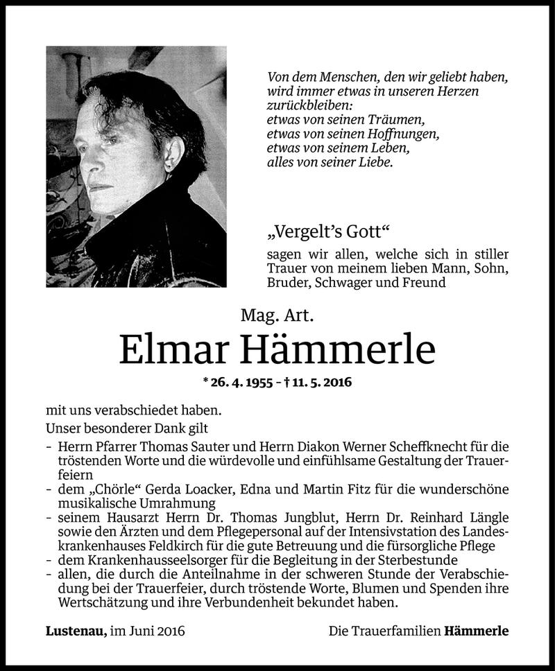  Todesanzeige für Elmar Hämmerle vom 08.06.2016 aus Vorarlberger Nachrichten