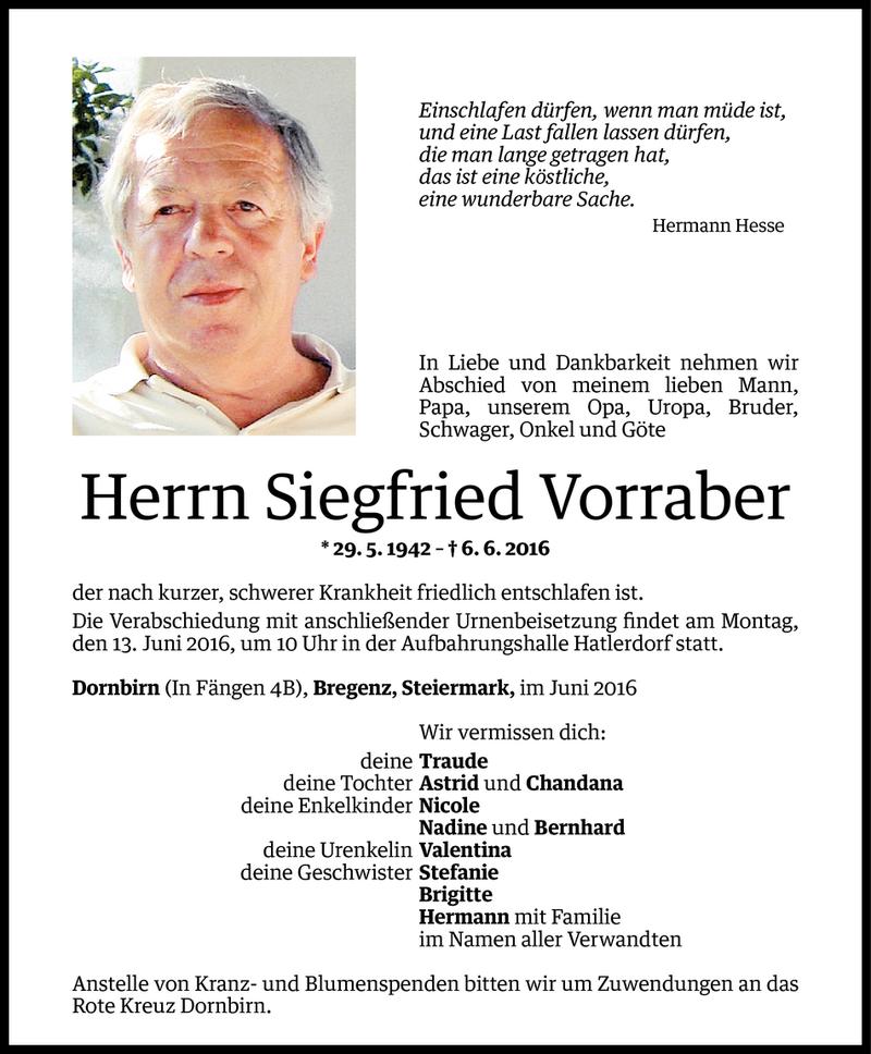  Todesanzeige für Siegfried Vorraber vom 09.06.2016 aus Vorarlberger Nachrichten