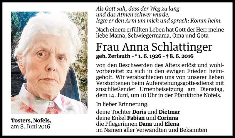  Todesanzeige für Anna Schlattinger vom 10.06.2016 aus Vorarlberger Nachrichten