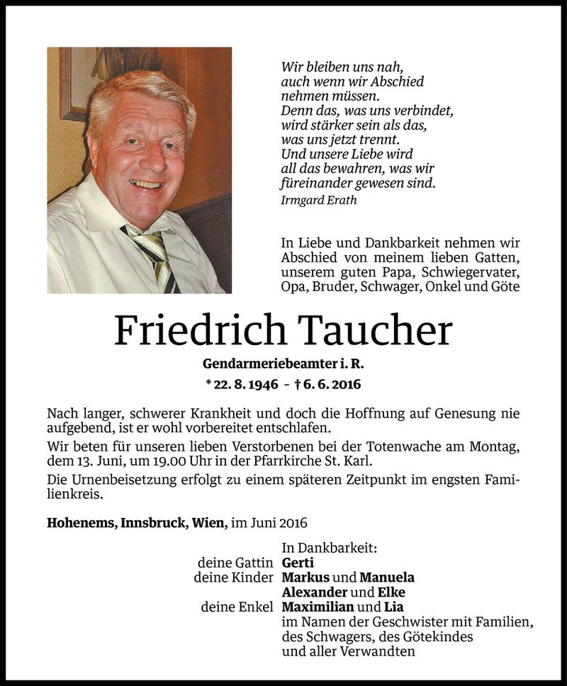  Todesanzeige für Friedrich Taucher vom 11.06.2016 aus Vorarlberger Nachrichten