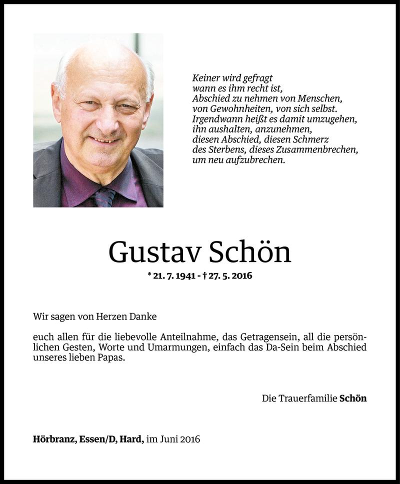  Todesanzeige für Gustav Schön vom 10.06.2016 aus Vorarlberger Nachrichten