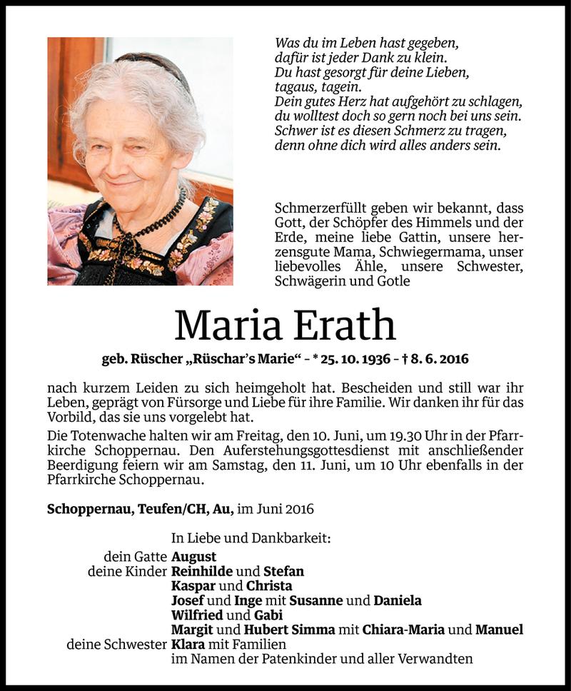  Todesanzeige für Maria Erath vom 09.06.2016 aus Vorarlberger Nachrichten