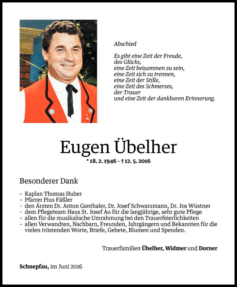  Todesanzeige für Eugen Übelher vom 10.06.2016 aus Vorarlberger Nachrichten