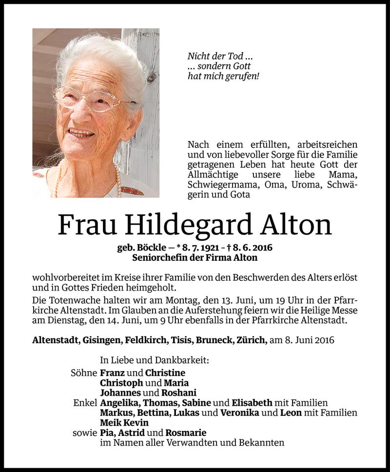  Todesanzeige für Hildegard Alton vom 10.06.2016 aus Vorarlberger Nachrichten