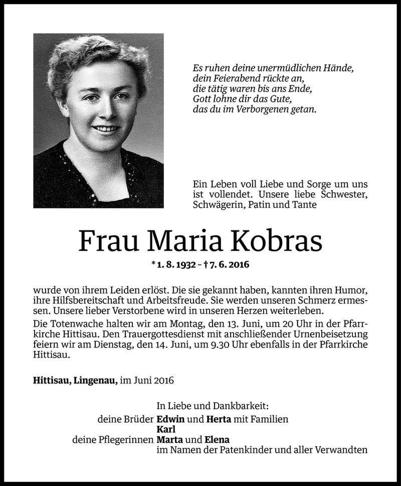  Todesanzeige für Maria Kobras vom 10.06.2016 aus Vorarlberger Nachrichten