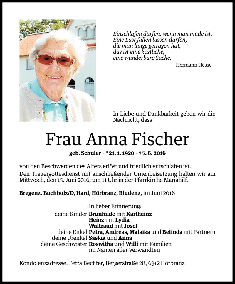  Todesanzeige für Anna Fischer vom 10.06.2016 aus Vorarlberger Nachrichten