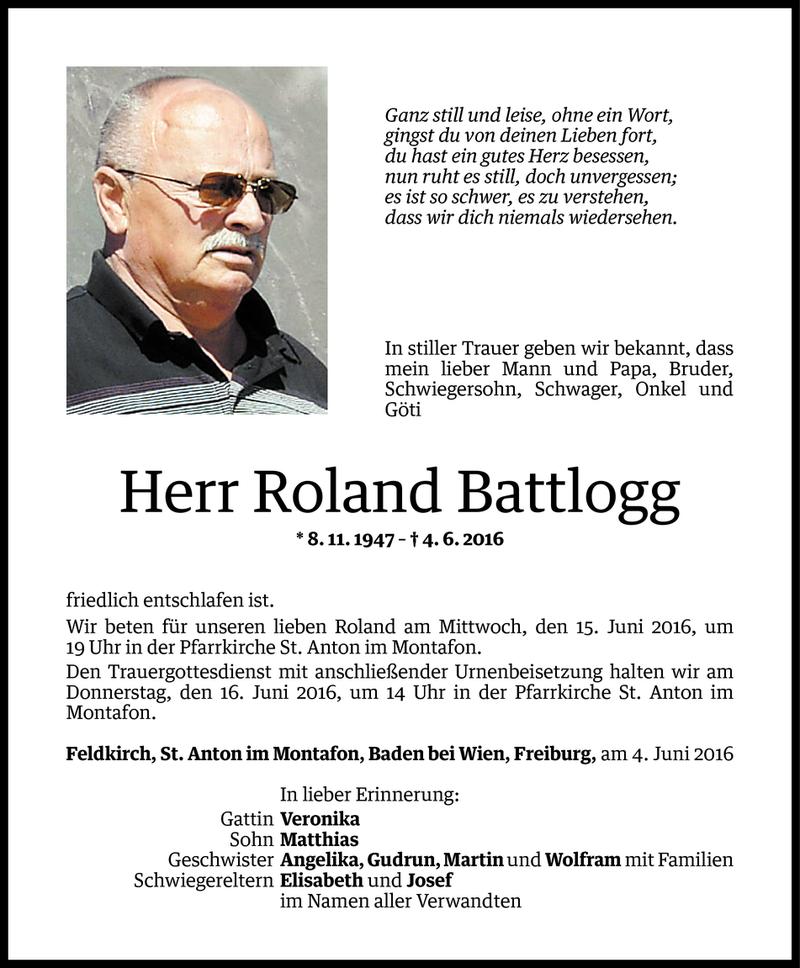  Todesanzeige für Roland Battlogg vom 10.06.2016 aus Vorarlberger Nachrichten