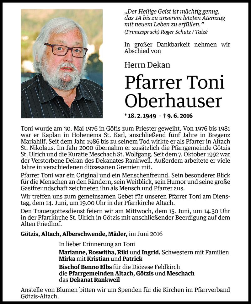  Todesanzeige für Toni Oberhauser vom 11.06.2016 aus Vorarlberger Nachrichten
