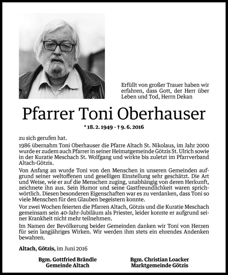  Todesanzeige für Toni Oberhauser vom 11.06.2016 aus Vorarlberger Nachrichten