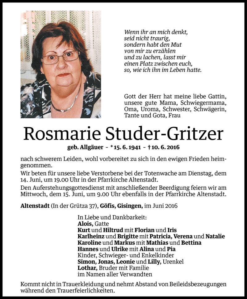  Todesanzeige für Rosmarie Studer-Gritzer vom 13.06.2016 aus Vorarlberger Nachrichten