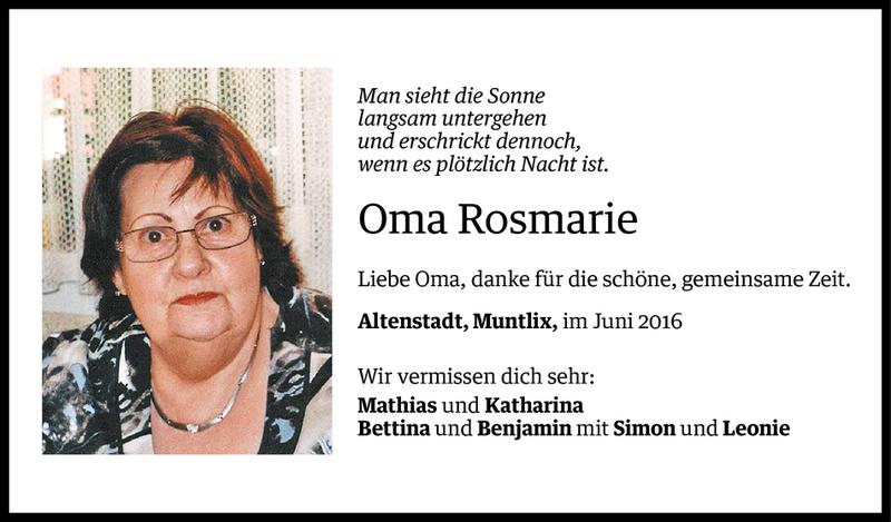  Todesanzeige für Rosmarie Studer-Gritzer vom 13.06.2016 aus Vorarlberger Nachrichten