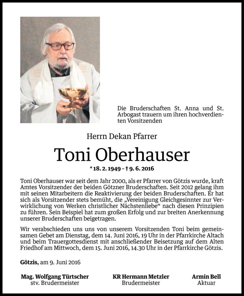  Todesanzeige für Toni Oberhauser vom 12.06.2016 aus Vorarlberger Nachrichten