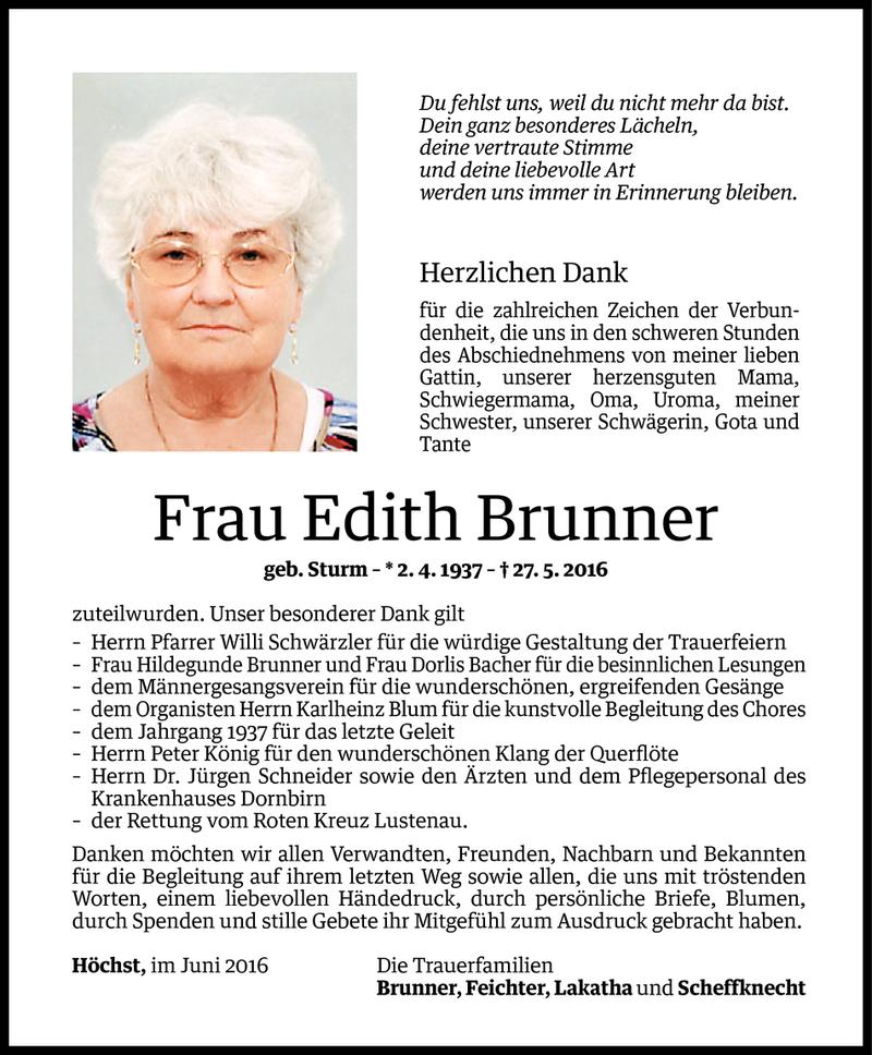  Todesanzeige für Edith Brunner vom 13.06.2016 aus Vorarlberger Nachrichten